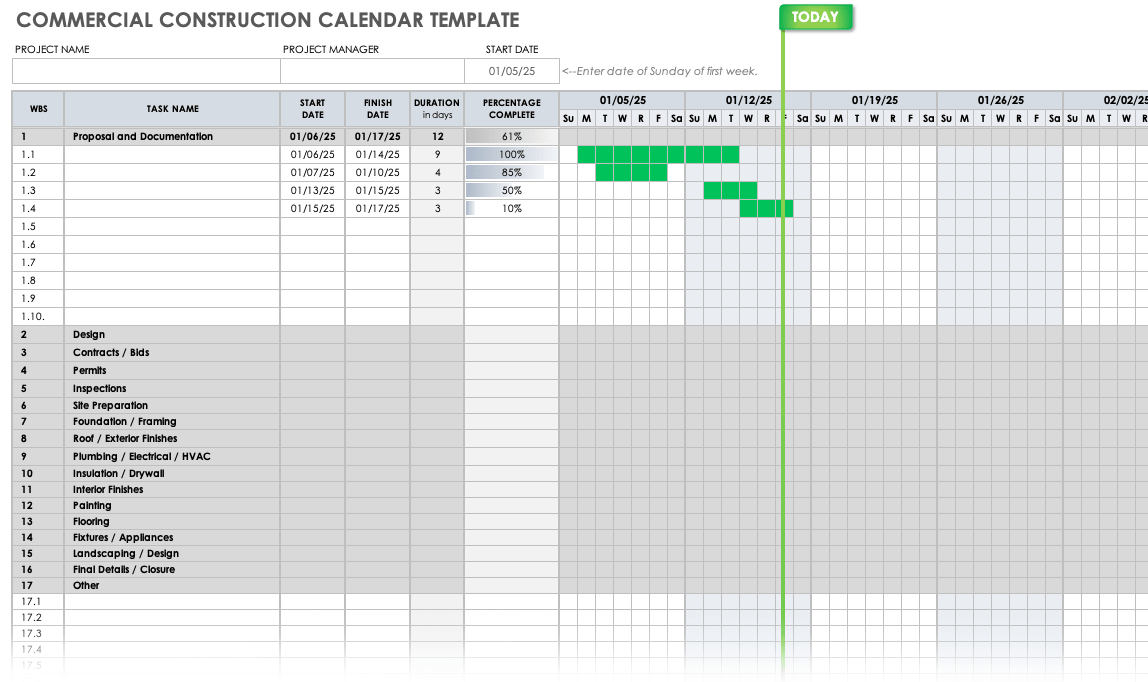 Commercial Construction Calendar Template