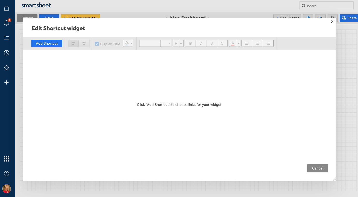 Shortcut widget Smartsheet dashboard