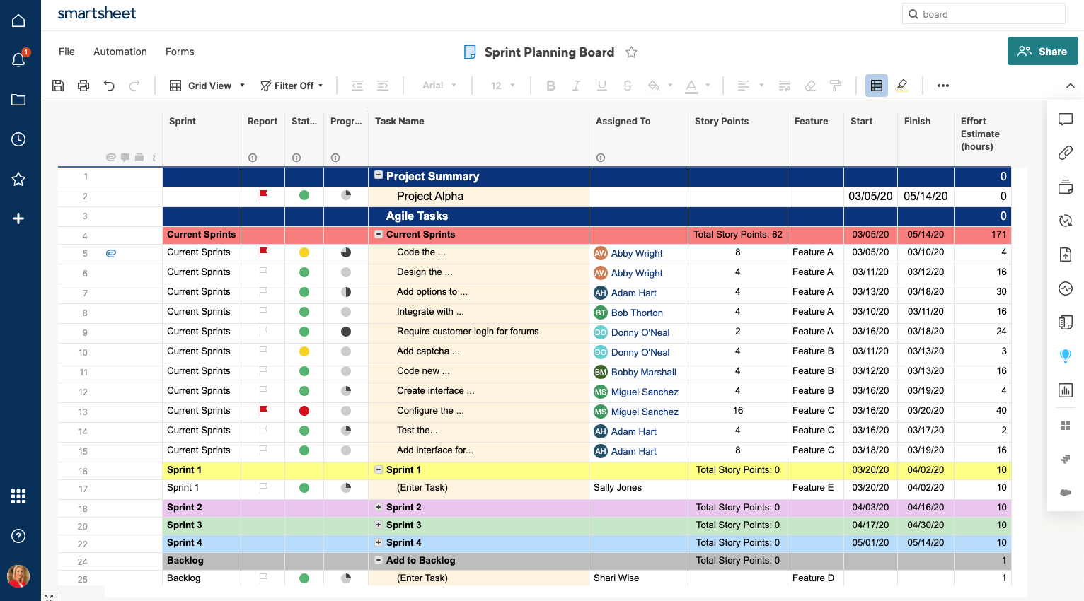 Sprint planning in grid view Smartsheet