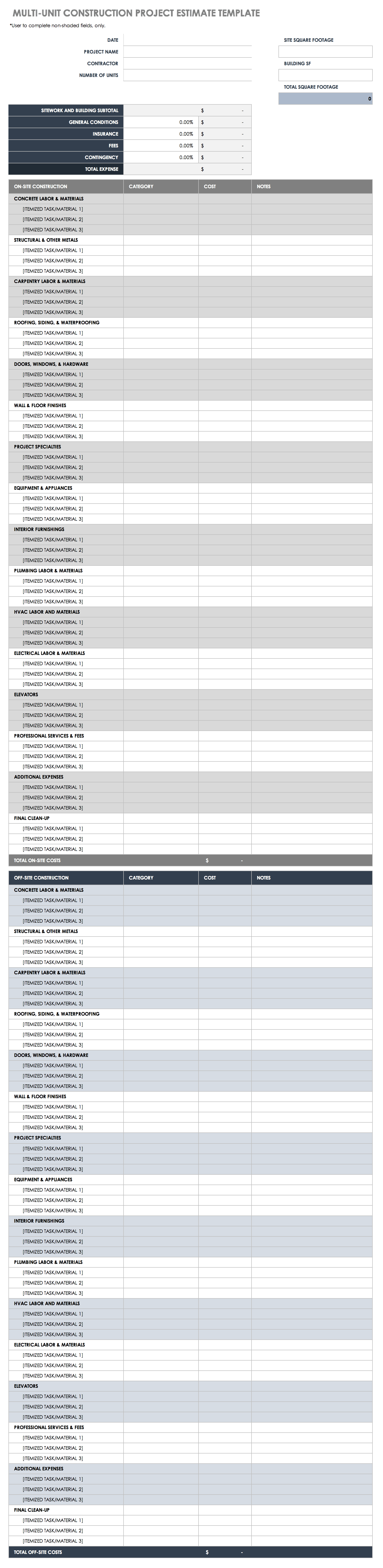 Multi Unit Construction Project Estimate Template