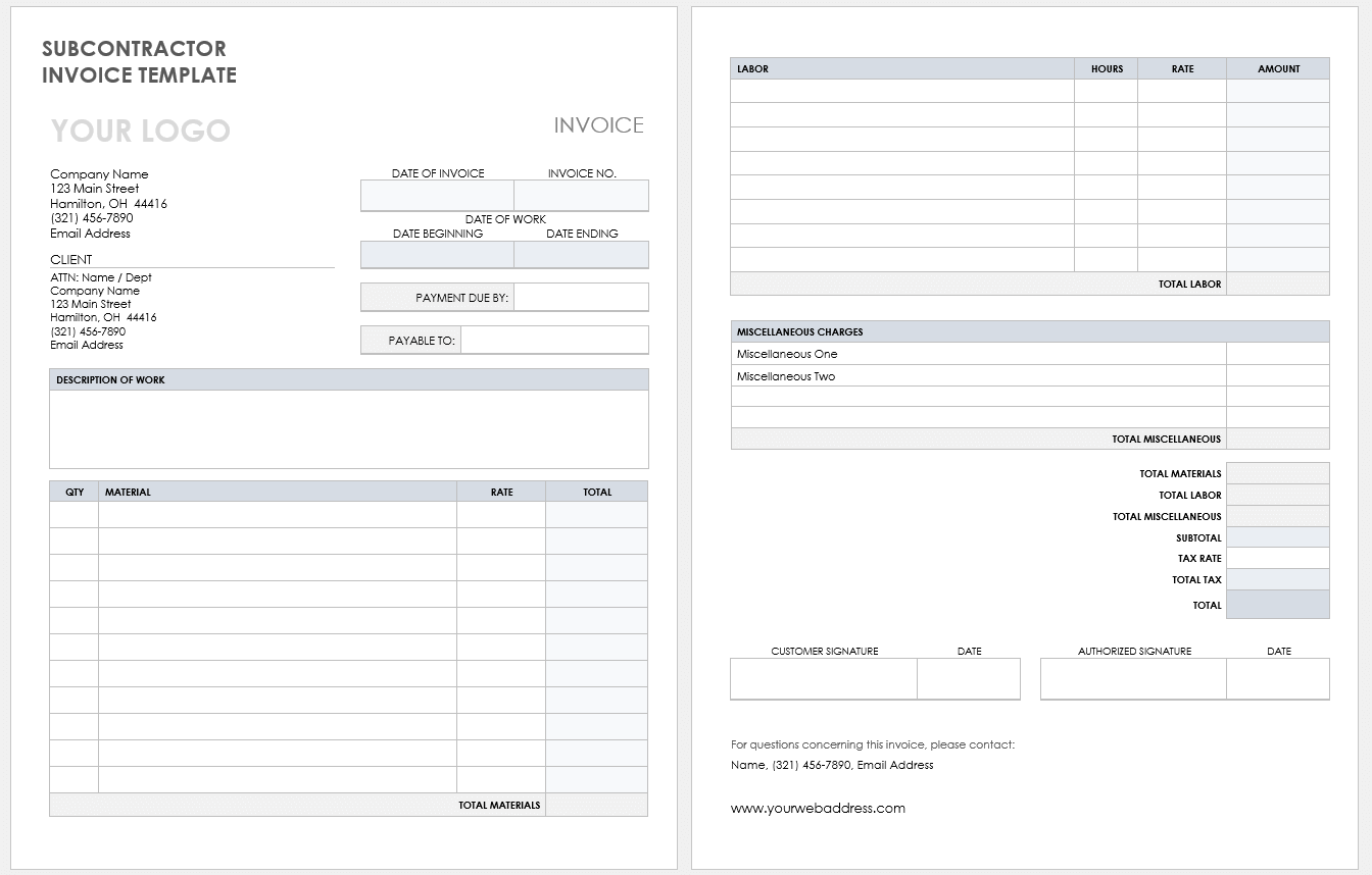 Subcontractor Invoice Template