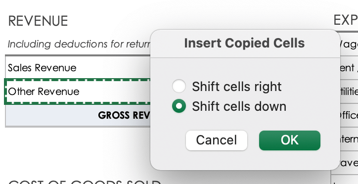 Revenue Shift Cells Down