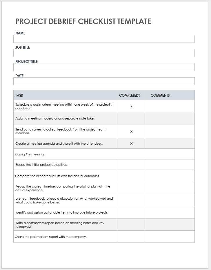 Project Debrief Checklist Template