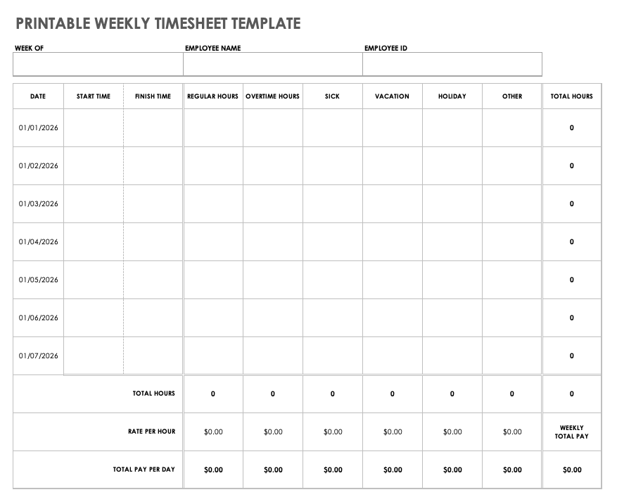 Printable Weekly Timesheet Template