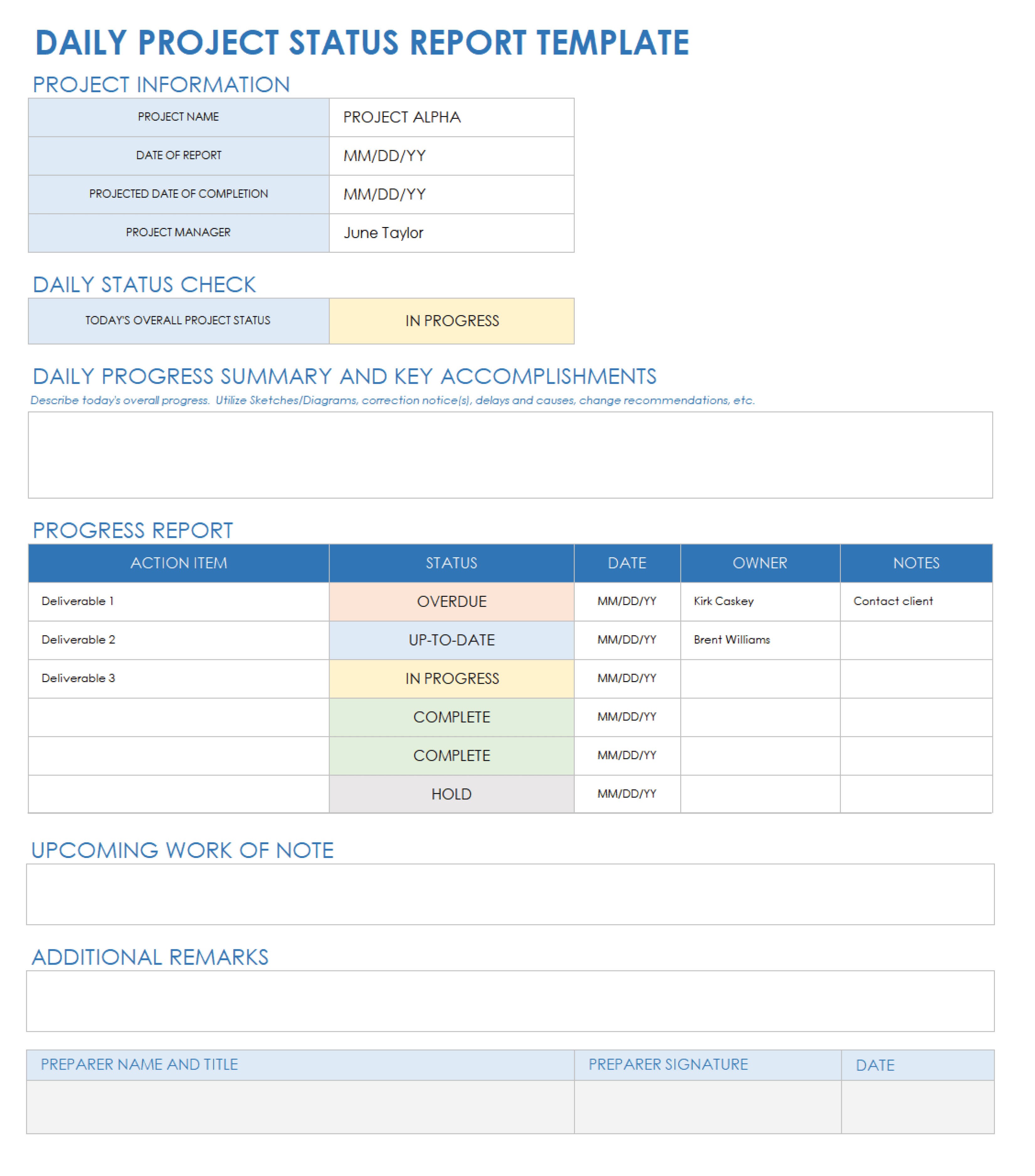 Daily Project Status Report Template