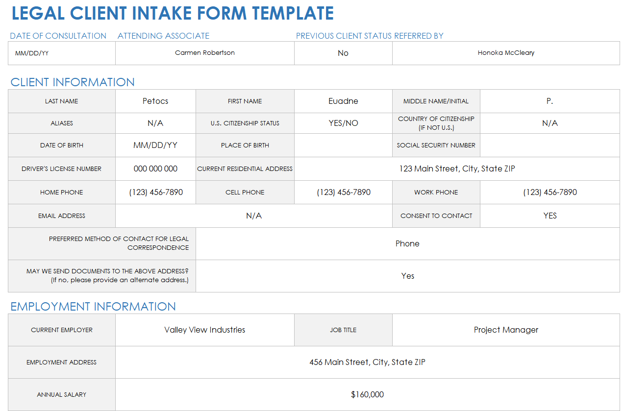 Legal Client Intake Form Template