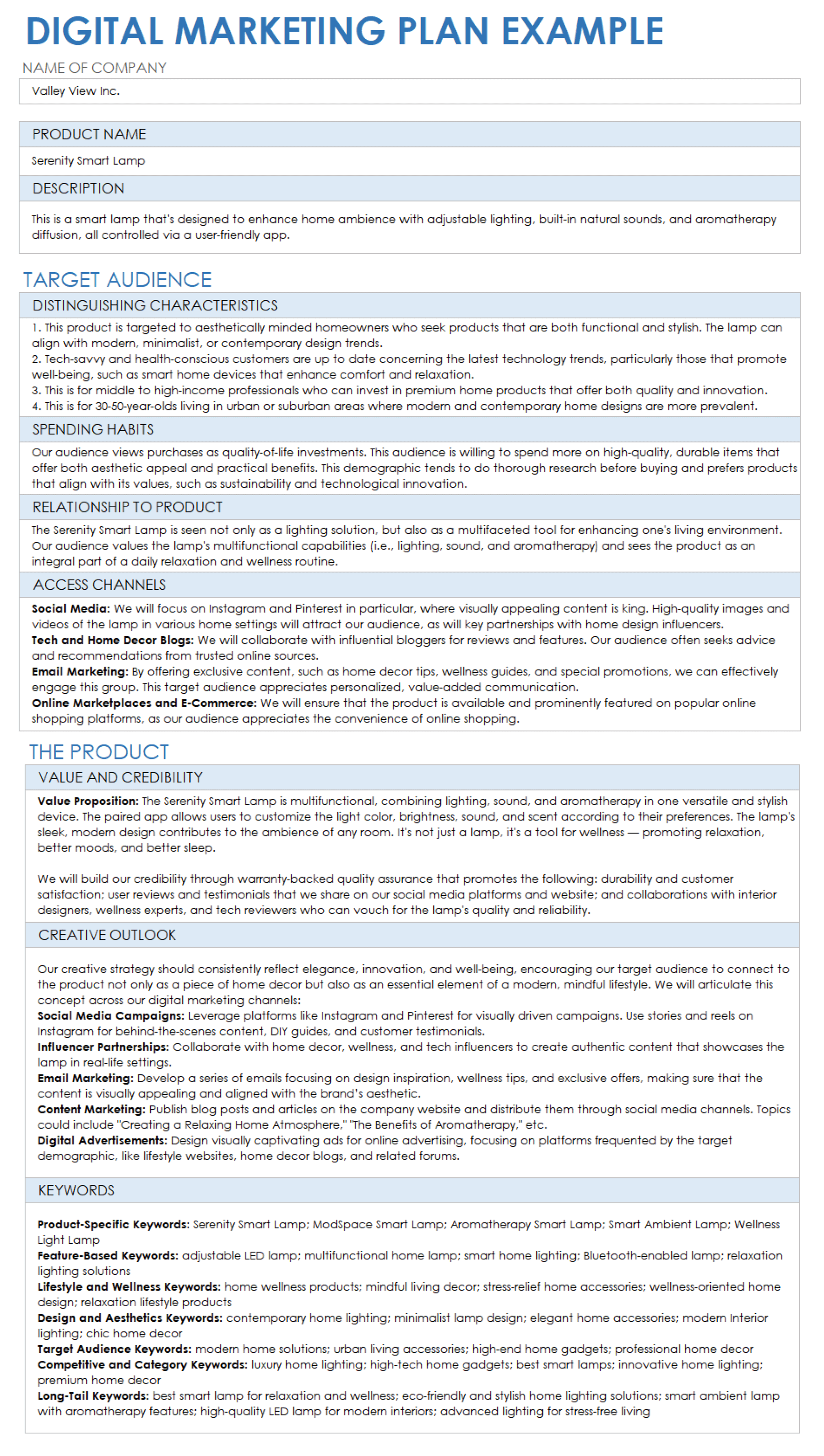 Digital Marketing Plan Example