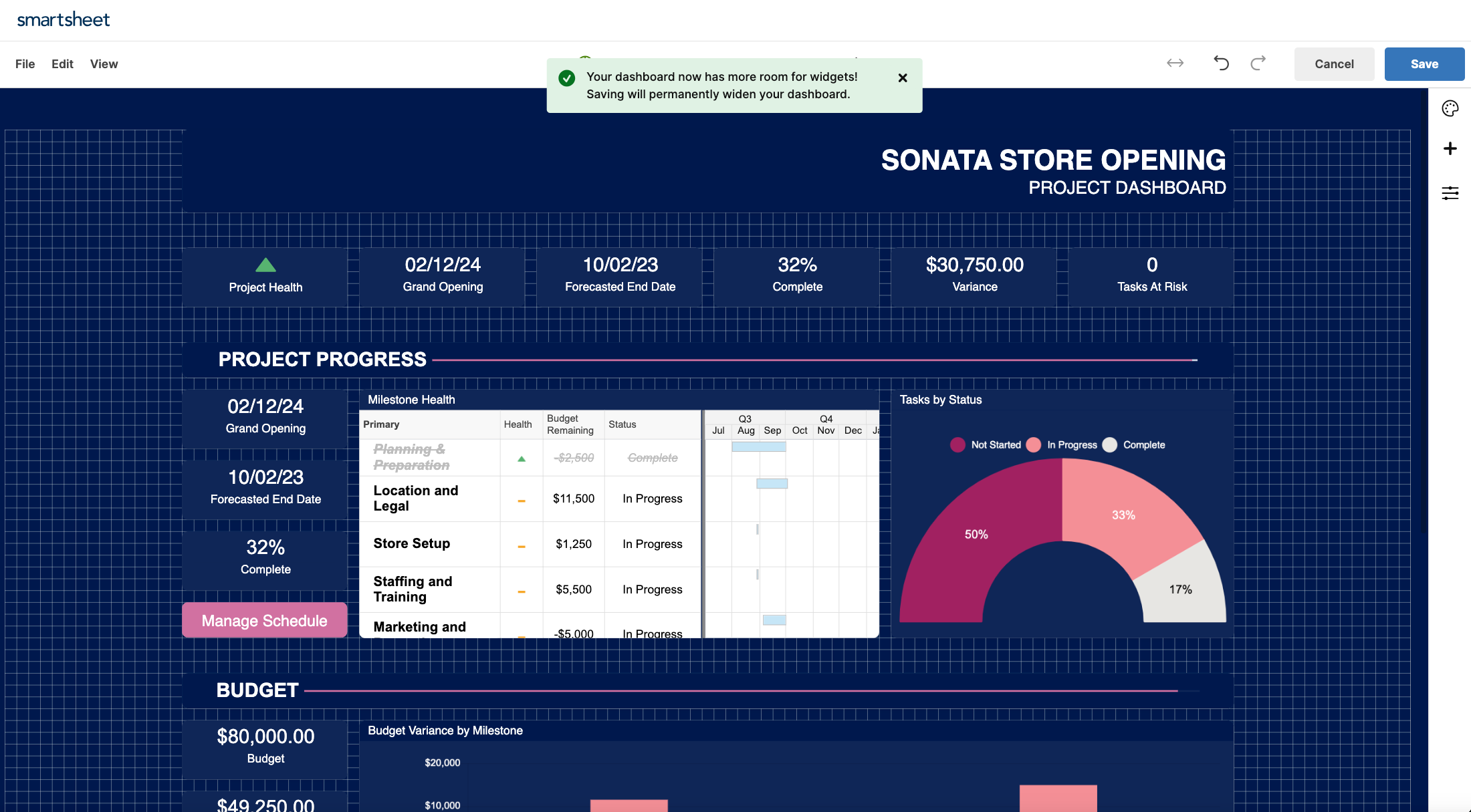 A Smartsheet wide canvas dashboard for the Sonata store opening shows charts and sheets with project health, progress, task status, and budget details.