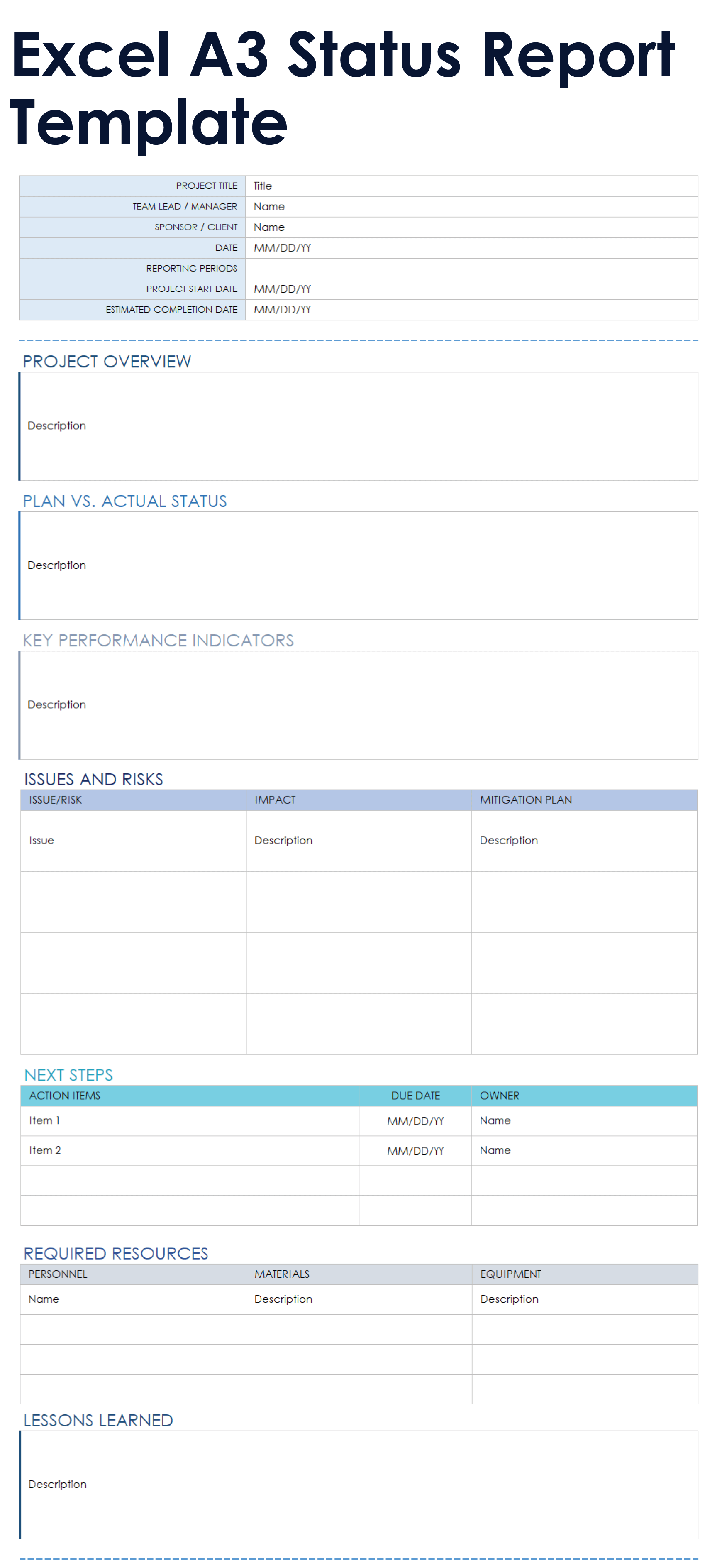 Excel A3 Status Report Template