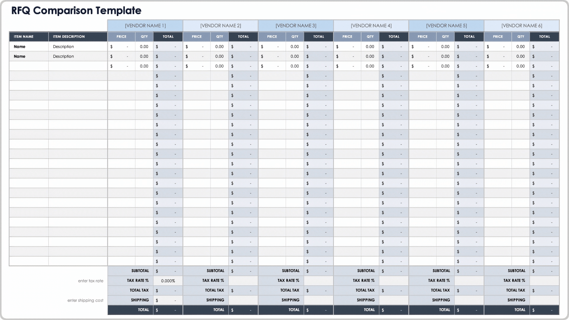 RFQ Comparison Template