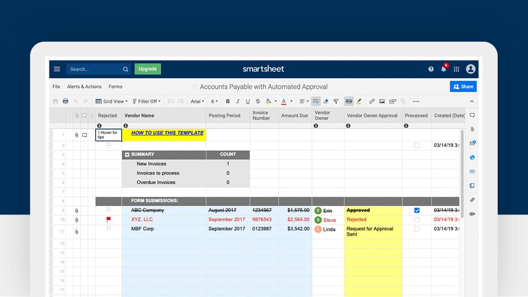 Smartsheet Accounts Payable With Automated Approval Template 