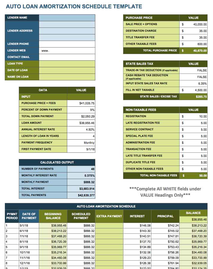 Auto Loan Amortization Calculator Schedule Template