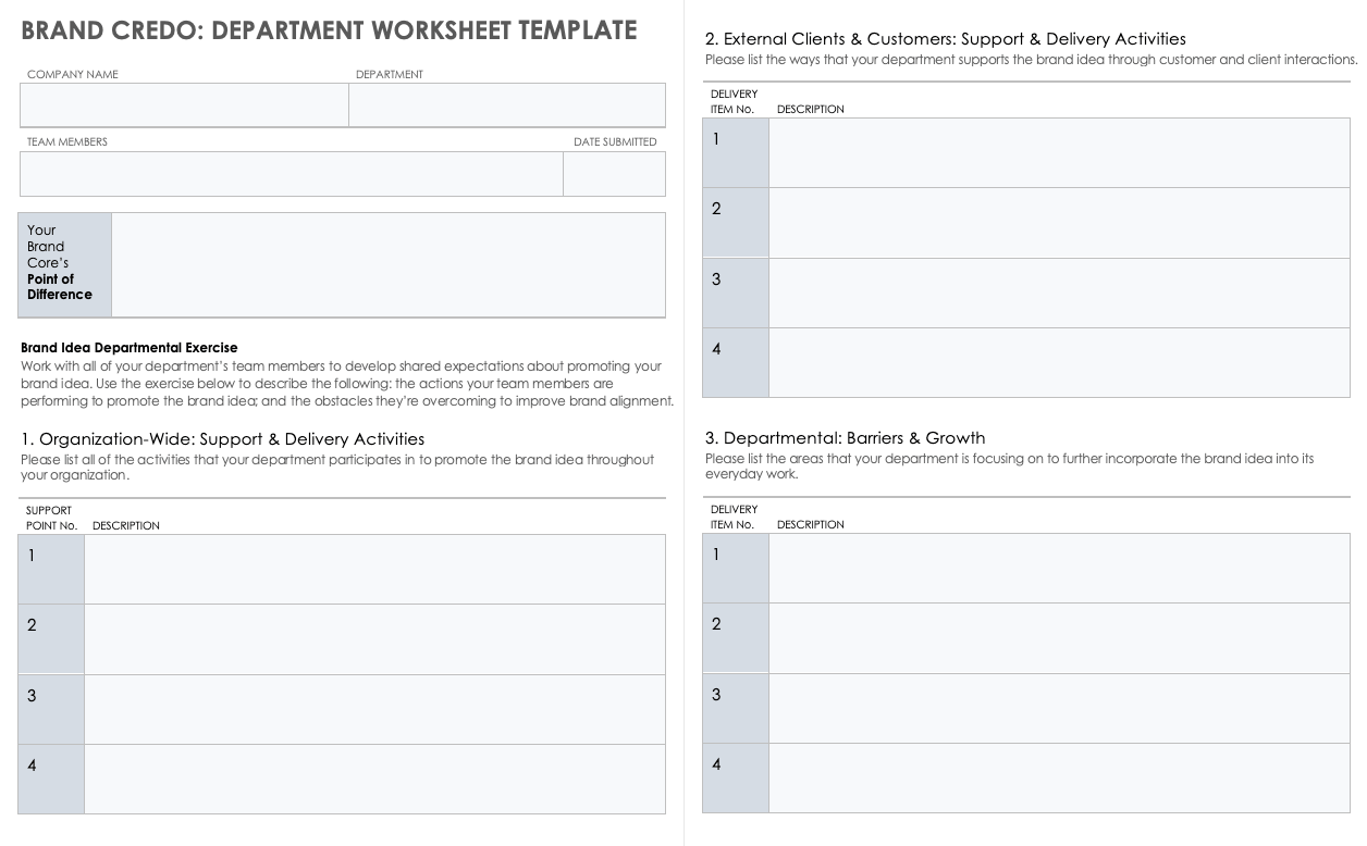 Brand Credo Department Worksheet Template