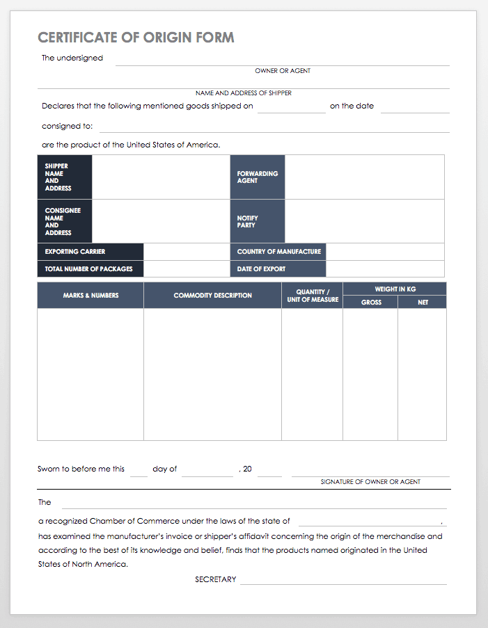 Certificate of Origin Form