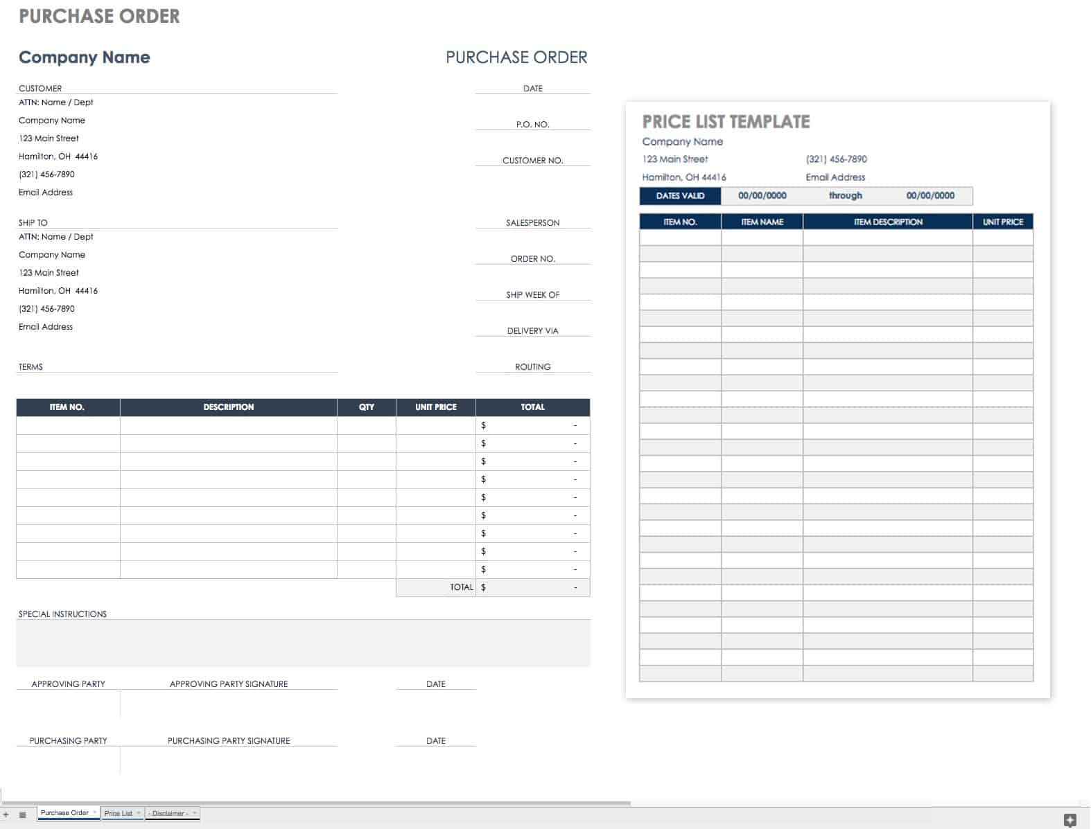 Google Purchase Order with Price List