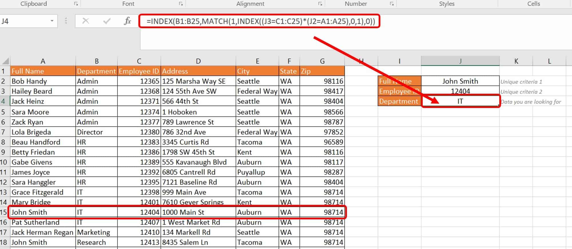 INDEX MATCH multiple criteria sample