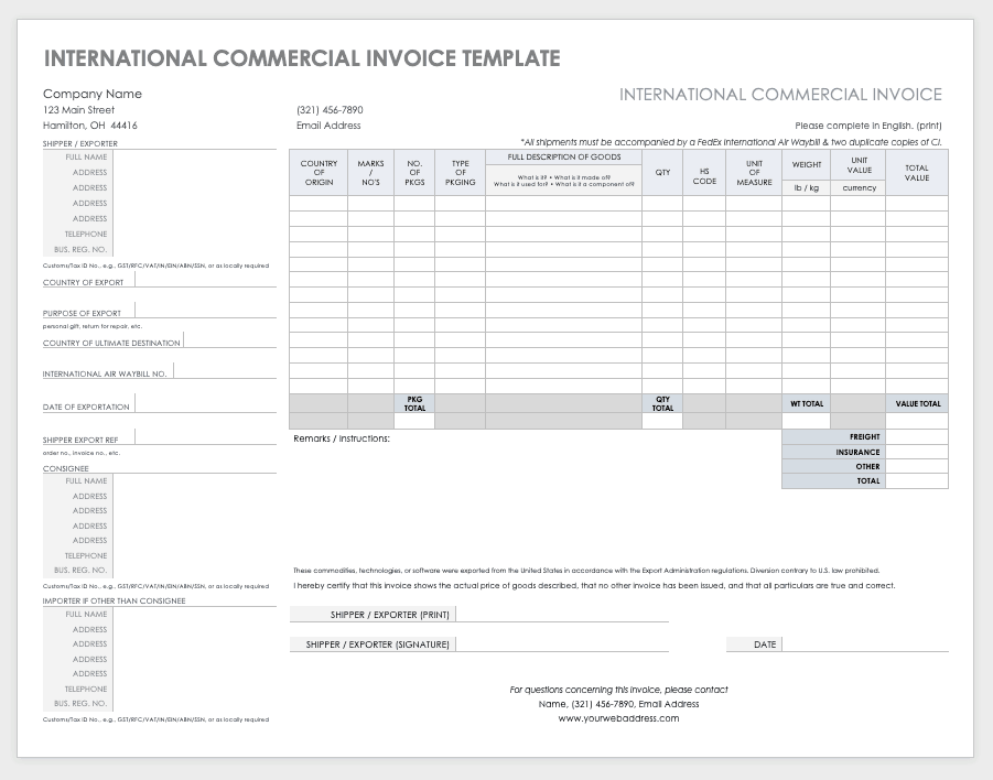 International Commercial Invoice Template