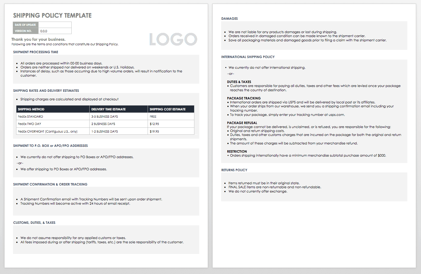 Shipping Policy Template