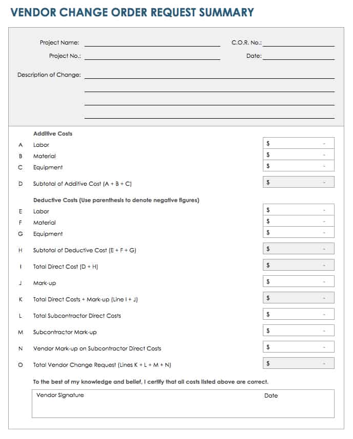 Vendor Change Order Request Summary