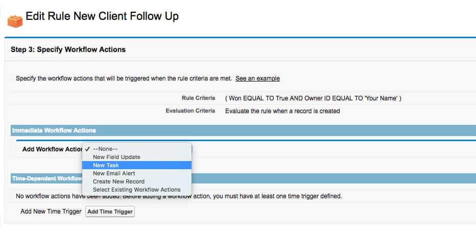 salesforce workflow specify workflow actions